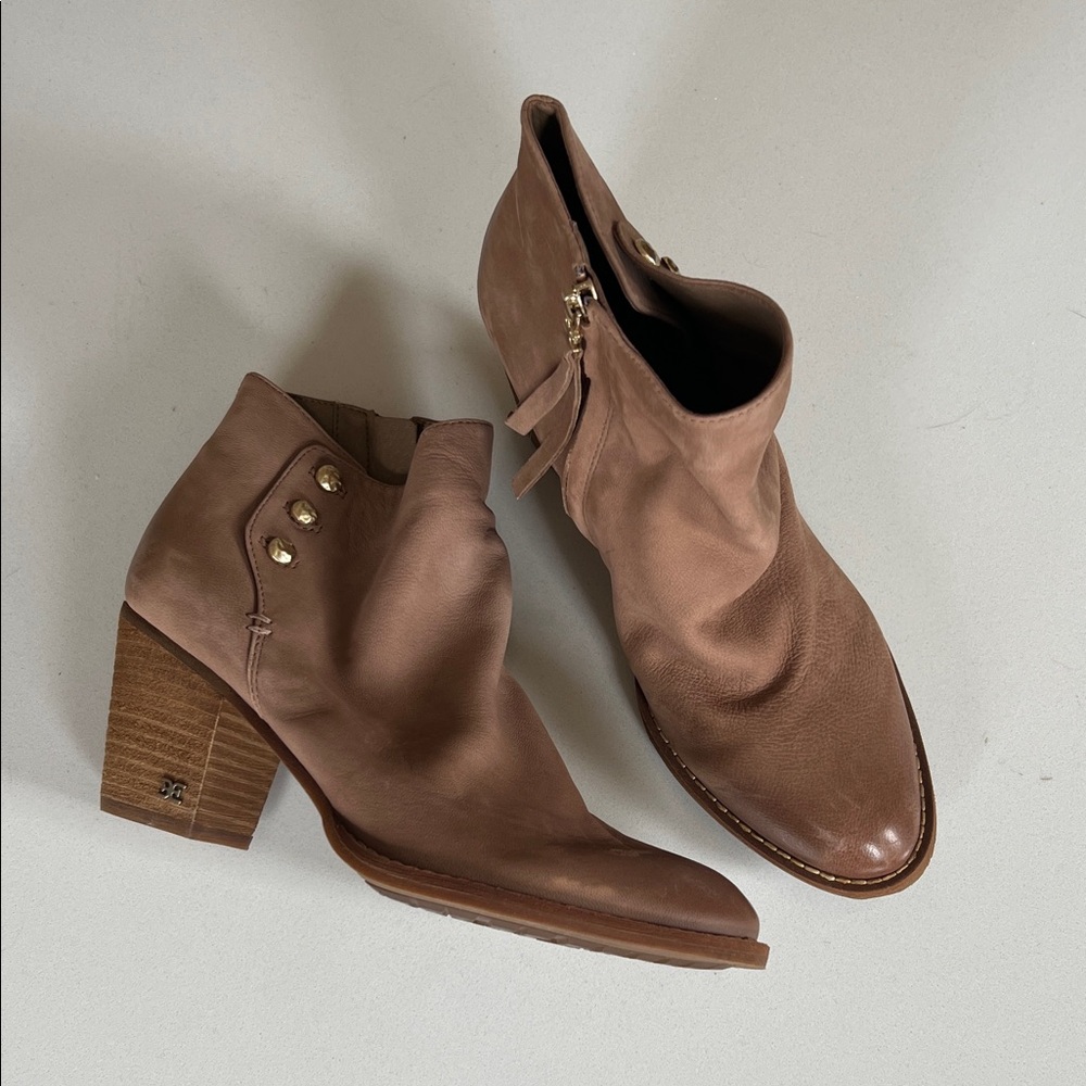 Sam Edelman Soft Brown Leather Ankle Booties with Gold Accents